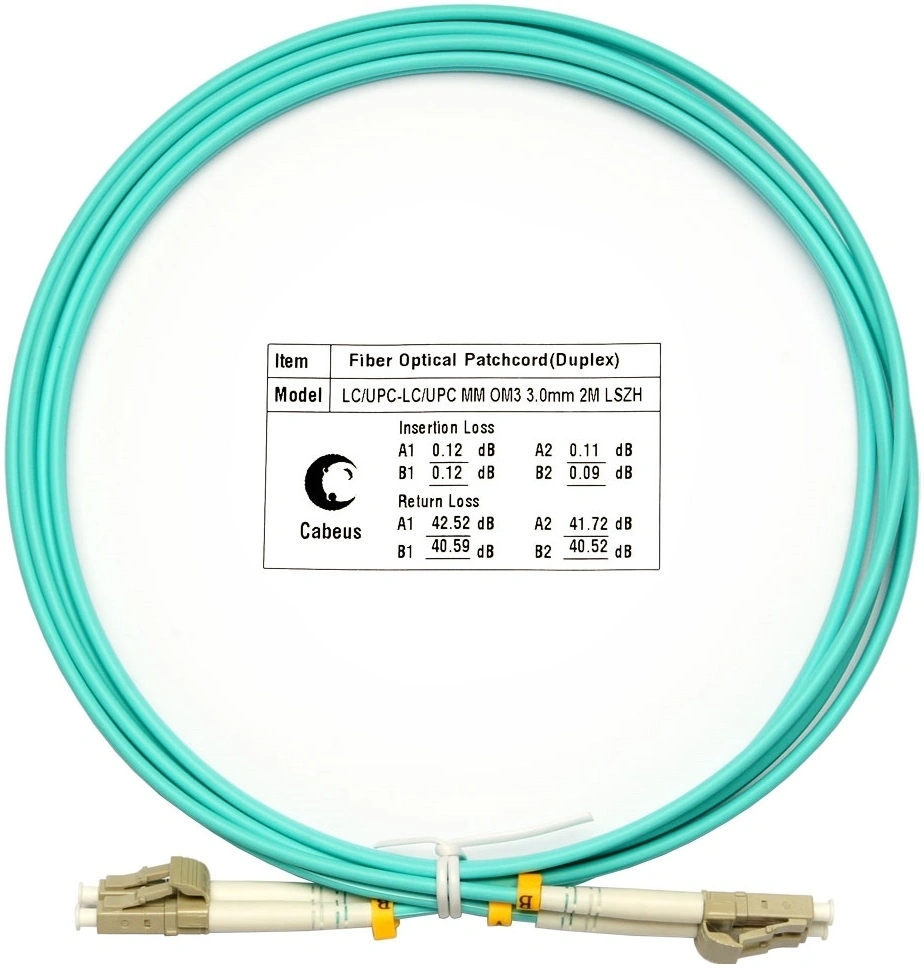 Патч-корд оптический Cabeus Tight Buffer FOP-50-LC-LC-2m Duplex LC/LC, OM3 50/125, LSZH, 2м, d= 3мм, серый хвостовик, аква