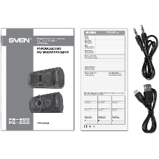 Мобильные колонки чёрные Sven PS-600 2.0  (2x25W, mini Jack, USB, Bluetooth, FM, micro SD, LED-дисплей, ПДУ, 2 x 4000 мA, LED подсветка)