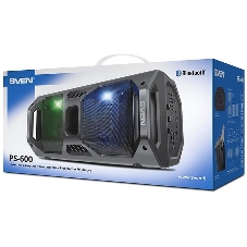 Мобильные колонки чёрные Sven PS-600 2.0  (2x25W, mini Jack, USB, Bluetooth, FM, micro SD, LED-дисплей, ПДУ, 2 x 4000 мA, LED подсветка)