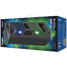 Мобильные колонки чёрные Sven PS-600 2.0  (2x25W, mini Jack, USB, Bluetooth, FM, micro SD, LED-дисплей, ПДУ, 2 x 4000 мA, LED подсветка)