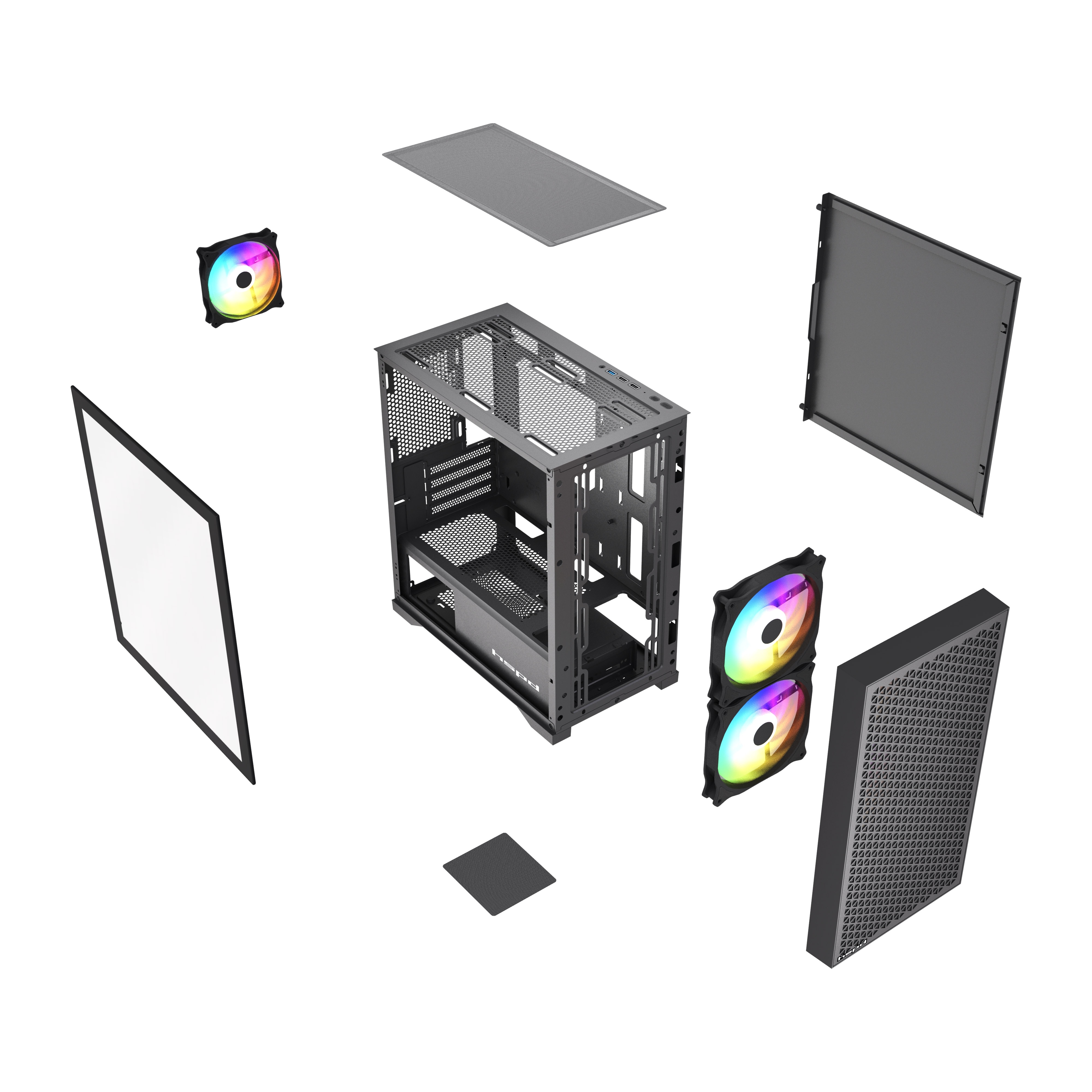 Корпус HSPD M335, Mesh Mini-tower, Black, TG, 0.45 SPCC, 2x140mm ARGB + 1x120mm ARGB mATX, mITX 160/340/184mm 2x2.5