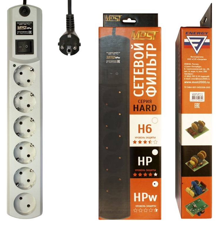 Сетевой фильтр Most HPw 2 м (6 розеток) белый (коробка)