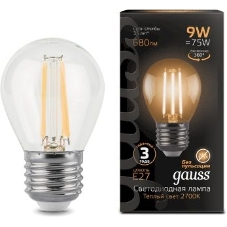 Лампа светодиодная филаментная Gauss 9Вт цок.:E27 шар 220B 2700K св.свеч.бел.теп. G45 (упак.:10шт)