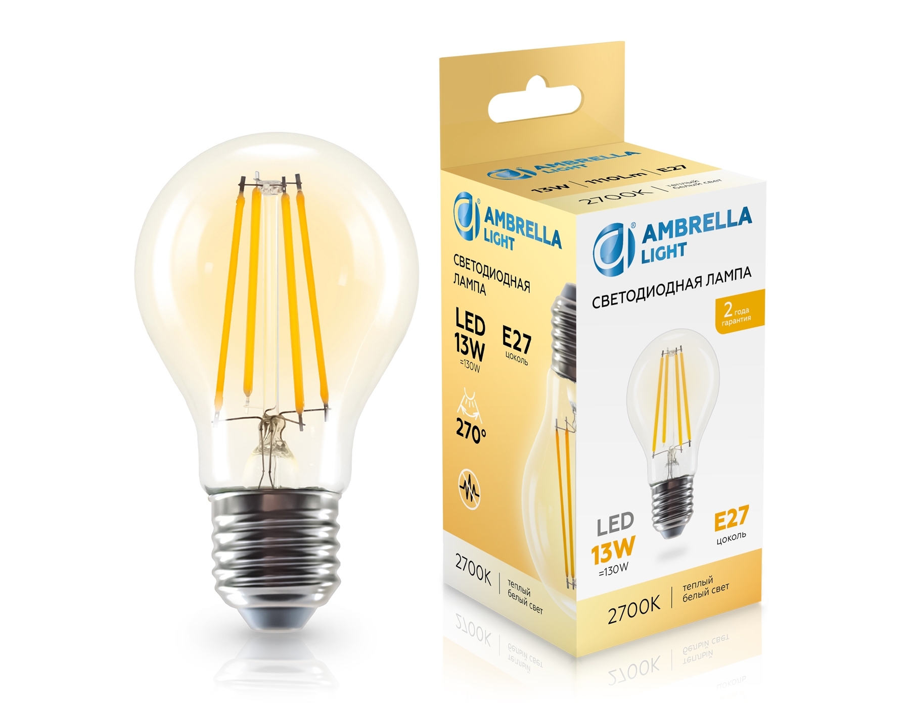 Лампа светодиодная 601313 Filament LED A60 13W E27 2700K 220-240V