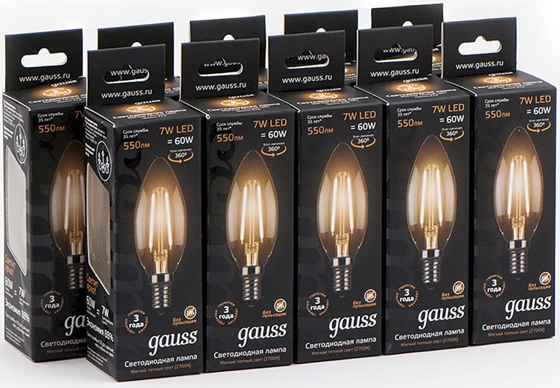 Лампа светодиодная филаментная Gauss 7Вт цок.: E14 свеча 220B 2700K св. свеч. бел.теп. C37 (упак.: 10 шт)