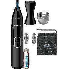 Триммер Philips для носа и ушей, черный, корпус - пластик, 3 насадки-гребня, насадка - триммер, щеточка для очистки, мягкий чехол, батарейка