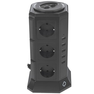 Сетевой фильтр Qumo Power Tower Pro 12SP5U (P-0001), 12 розеток, 2200 Вт, 10A, кабель 2 м 3*1 мм чистая медь, пожаробезопасный пластик, евровилка, 5 USB портов 4.5A суммарно