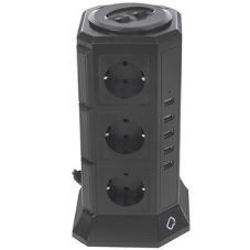 Сетевой фильтр Qumo Power Tower Pro 12SP5U (P-0001), 12 розеток, 2200 Вт, 10A, кабель 2 м 3*1 мм чистая медь, пожаробезопасный пластик, евровилка, 5 USB портов 4.5A суммарно