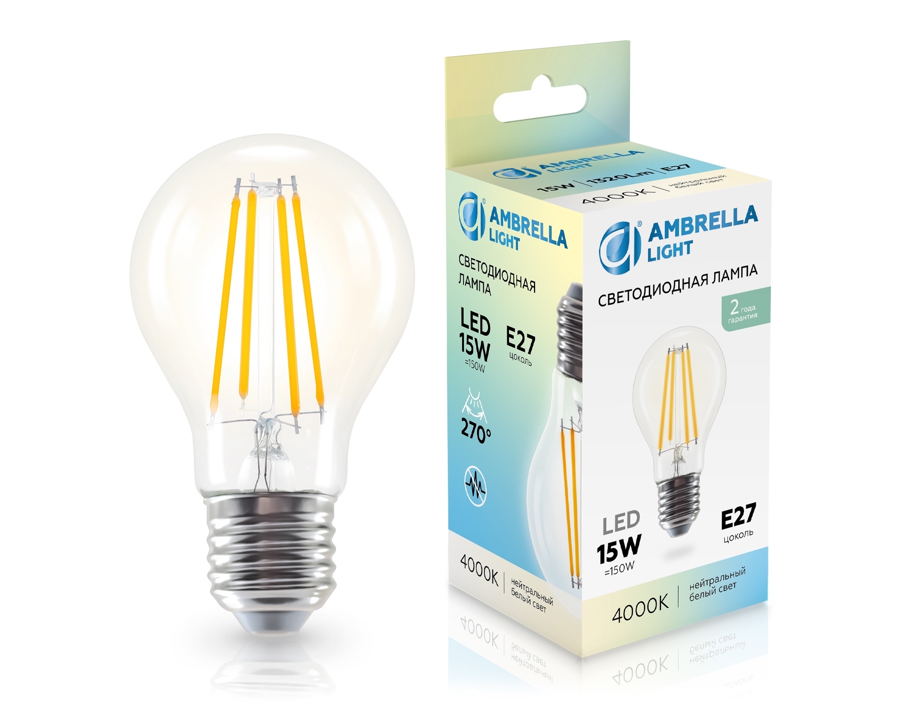 Лампа светодиодная 601514 Filament LED A60 15W E27 4000K 220-240V