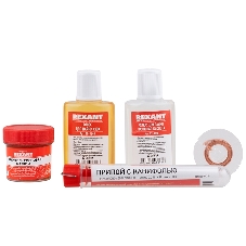 Набор для пайки Rexant К1 универсальный (припой, флюс ПК, флюс СКФ, канифоль, оплетка)