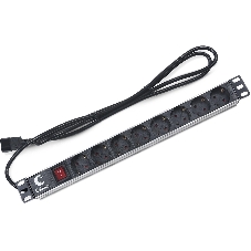 Блок силовых розеток Cabeus, Shuko х 8, вход IEC 320 C14, для шкафов, шнур 2 м, 50х490х50 мм (ВхШхГ), 10А, выключатель, черный