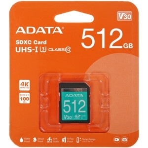 Флеш карта SD 512Gb ADATA SDXC Class 10 UHS-I U3 V30S 100/85 MB/s (ASDX512GUI3V30S-R)