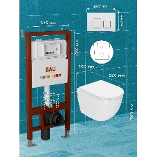 Комплект BAU 6 в 1: инсталляция BAU PRO, унитаз подвесной безободковый торнадо обратного потока Bau Dream 52х36 Hurricane-2, сиденье дюропласт микролифт, кнопка смыва BAU Soul, белая