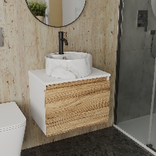 Комплект: тумба Bau Dream Blackwood 60, 1 ящик, Раковина круглая накладная BAU Element D41, мрамор, смеситель Hotel Dream Black, черный матовый