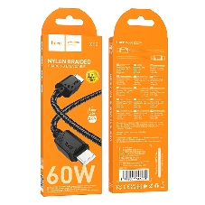 Кабель USB2.0 Hoco Type-C/Type-C, 3А, 60Вт, нейлоновая оплетка, X113, 1м, черный, коробка