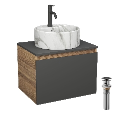 Комплект: тумба Bau Dream Blackwood графит 60, 1 ящик, раковина круглая накладная BAU Element D41, мрамор, смеситель Hotel Dream, черный выпуск клик клак черный