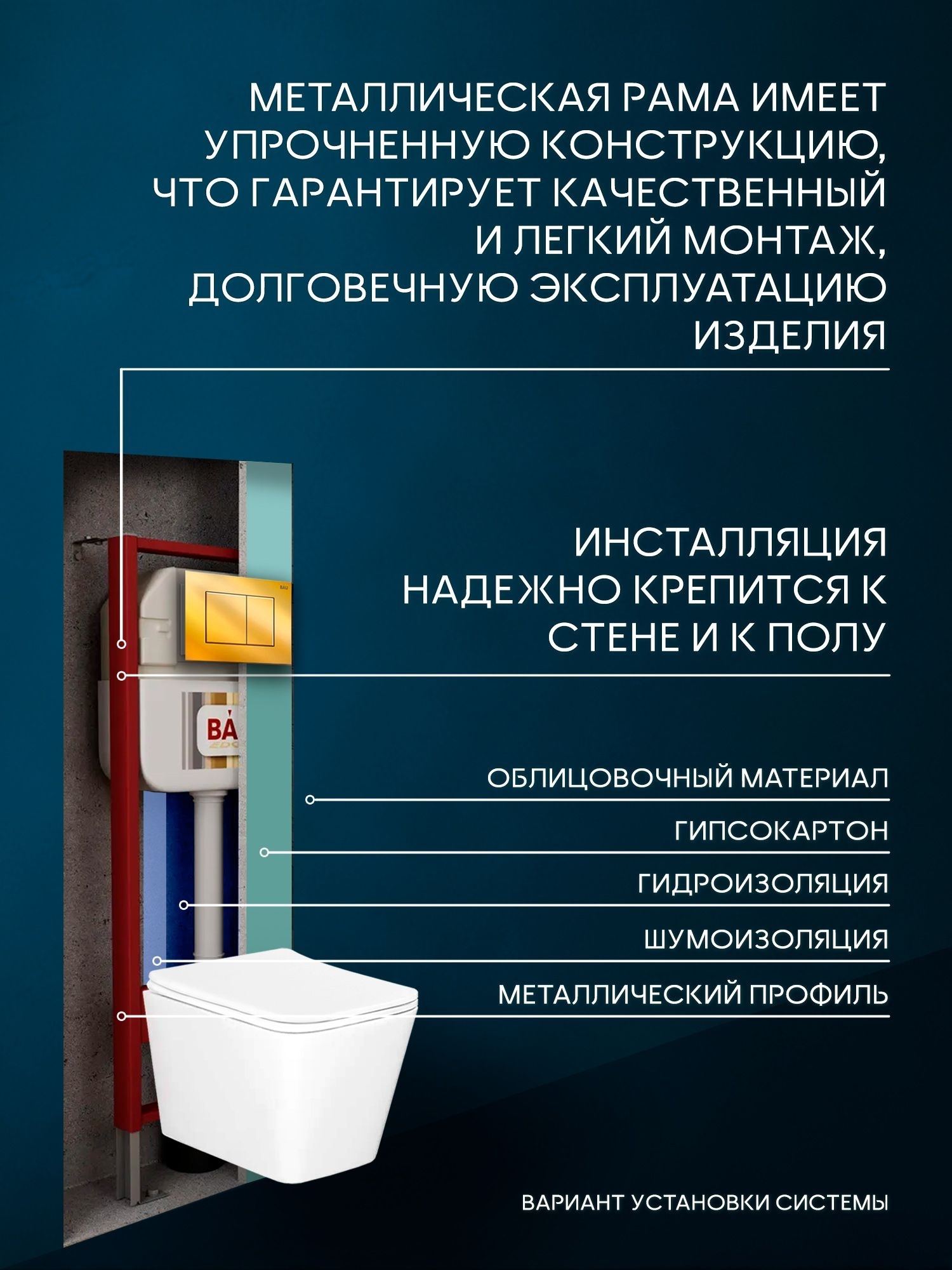 Комплект BAU 6 в 1: рамная инсталляция BAU NEO 45, унитаз подвесной безободковый вихревой со скрытым сливом Bau Stil Hurricane-5, сиденье дюропласт микролифт, кнопка смыва BAU Stil, золото