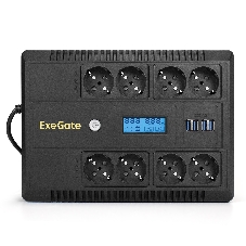 Источник бесперебойного питания ExeGate NEO Smart LHB-1000.LCD.AVR.8SH.CH.USB 1000VA/650W, LCD, AVR, 8*Schuko, USB, 4*USB-порта для зарядки, черный