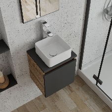 Тумба Bau Dream Blackwood 35 с ящиком, графит, раковина BAU Mini 24х24, смеситель для раковины высокий Hotel Still, нержавеющая сталь, выпуск клик клак, белый