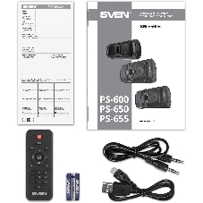 Мобильные колонки SVEN PS-655 2.0 черные (2x25W, mini Jack, USB Type-C, USB flash, Bluetooth, FM, micro SD, ПДУ, LED экран, 4400 мA, RGB подсветка)