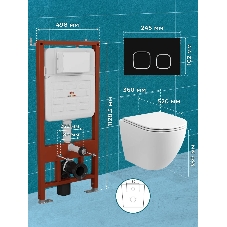 Комплект BAU 6 в 1: усиленная инсталляция BAU IDEAL, унитаз подвесной безободковый торнадо обратного потока Bau Dream 52х36 Hurricane-2, сиденье дюропласт микролифт, клавиша BAU Strike, черная матовая