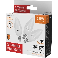 Лампа светодиодная Gauss Basic 1033116T 5.5Вт цок.:E14 свеча 240B 3000K св.свеч.белый.теп. (упак.:3шт)