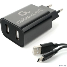 Сетевое зарядное устройство Cablexpert MP3A-PC-37 USB 2 порта, 2.4A, черный + кабель 1м Type-C