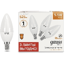 Лампа светодиодная Gauss Basic 1033116T 5.5Вт цок.:E14 свеча 240B 3000K св.свеч.белый.теп. (упак.:3шт)