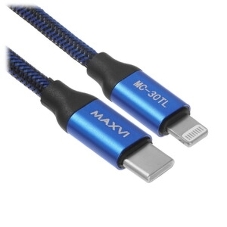 Кабель Maxvi MCm-02L blue, USB-A - Lightning, 2A, магнитный разъем, LED ток макс. нагрузки 2А, макс. напряжение 5V; стандарт USB 2.0; длина 1.5м, нейлоновая оплетка, съемный магнитный коннектор, LED подсветка, синий