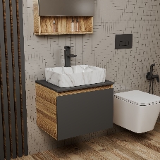 Комплект: тумба Bau Dream Blackwood графит 60, 1 ящик, раковина прямоугольная BAU Cerama 48х37, мрамор, смеситель Hotel Black, черный матовый