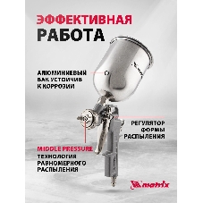 Краскопульт пневматический Matrix краскораспылитель пневмат. с верхним бачком v=1.0л + сопла