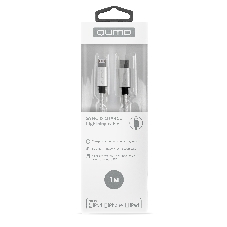 Кабель Qumo MFI, Type-С -Apple 8 pin, 1м, Type-C, 5В, 2,4А, 12W, нейлоновая оплетка, металлический коннектор, серебро