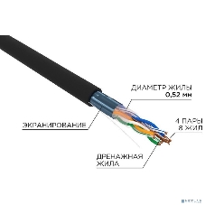 Кабель витая пара Rexant F/UTP, cat.5e, PE, 4х2х0,52 мм, 24AWG, OUTDOOR, SOLID, черный, 305м