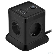Сетевой фильтр Cablexpert Tower TWR-4-U3-B-2, 4 р, 10А, 3xUSB, 3.1А, 2 м, ур.защиты 2+, черный, коробка