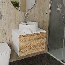 Комплект: тумба Bau Dream Blackwood 60, 1 ящик, Раковина круглая накладная BAU Element D41, мрамор, смеситель Hotel Dream, нерж сталь