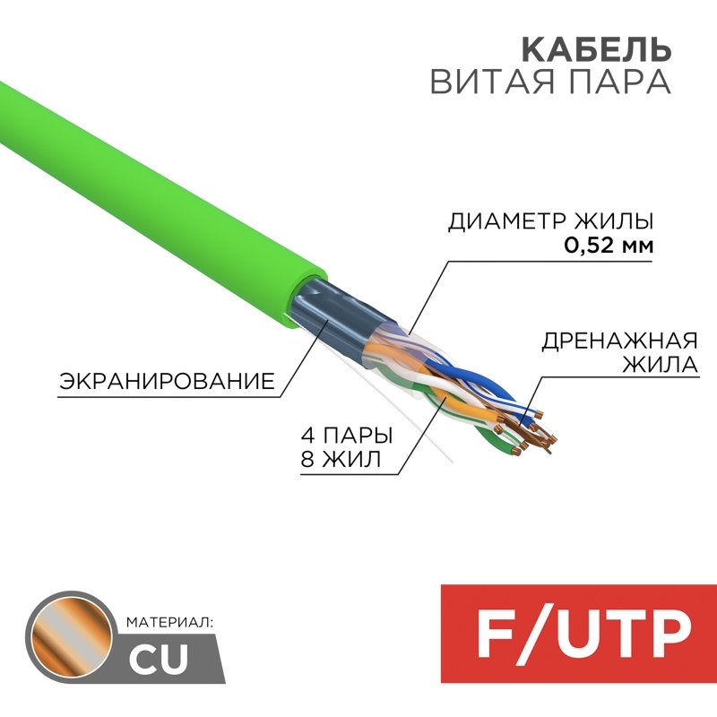 Кабель витая пара Rexant F/UTP, cat.5e, нг(А)-LSLTx, 4х2х0,52мм, 24AWG, INDOOR, SOLID, зеленый, 305м