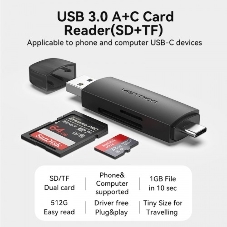 Кард-ридер Vention CLKB0/черный/SD,SDHC,SDXC,TF,micro-SD,micro-SDXC,miсro-SDHC/USB 3.0/Type C/OTG/пластик