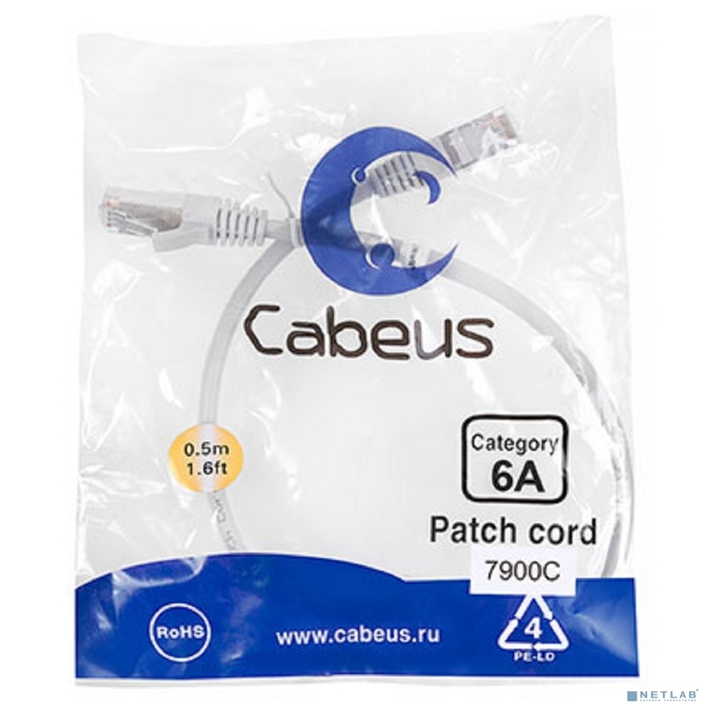 Шнур комм. Cabeus, кат. 6A, экр., S/FTP, RJ45/RJ45, LSZH, AWG26, 0.5м, серый