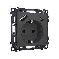Комплект механизма электрической розетки ALFA Графит мягкое касание 2USB A+C 20W (быстрая зарядка) с/з QUANT (AP9100, VM160) MA910010