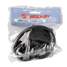 Переходник Rexant штекер HDMI - 2 гнезда HDMI с проводом, черный (10 шт./уп.)