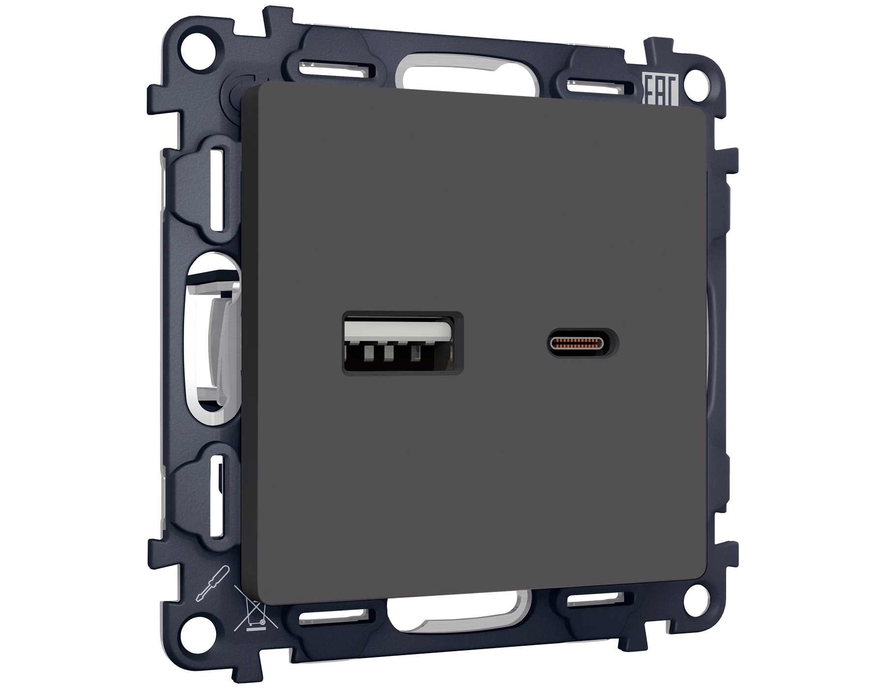 Комплект механизма розетки ALFA Графит мягкое касание 2USB A+C 20W (быстрая зарядка) QUANT (AP9110, VM177) MA911010