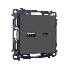 Комплект механизма розетки ALFA Графит мягкое касание 2USB A+C 20W (быстрая зарядка) QUANT (AP9110, VM177) MA911010