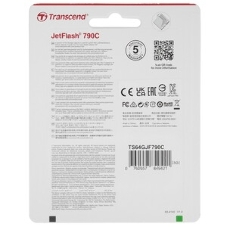 Флешка USB Transcend JetFlash 790С (TS64GJF790C), 64Gb, USB 3.0 Type-C, R/W 90/60, черный/зеленый
