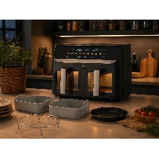 Аэрогриль Haier HAF-702 черный, 3000 Вт, 11 л ( 5.5 л каждая), сенсор, 10 программ