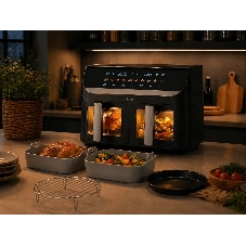 Аэрогриль Haier HAF-702 черный, 3000 Вт, 11 л ( 5.5 л каждая), сенсор, 10 программ