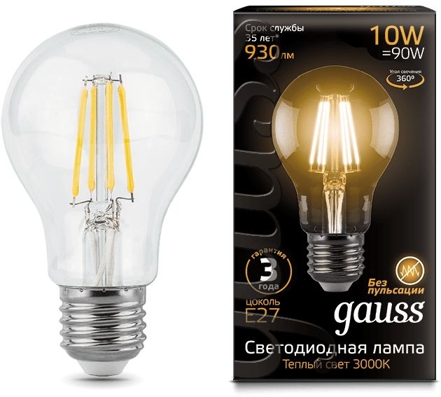 Лампа светодиодная Gauss Filament A60 E27 10Вт 2700К