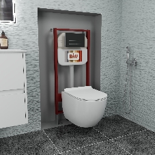 Комплект BAU 6 в 1: рамная инсталляция BAU NEO 45 для подвесного унитаза, унитаз подвесной безободковый Bau Dream 53, сиденье дюропласт микролифт, клавиша смыва BAU Pulse, черная матовая/вставка хром