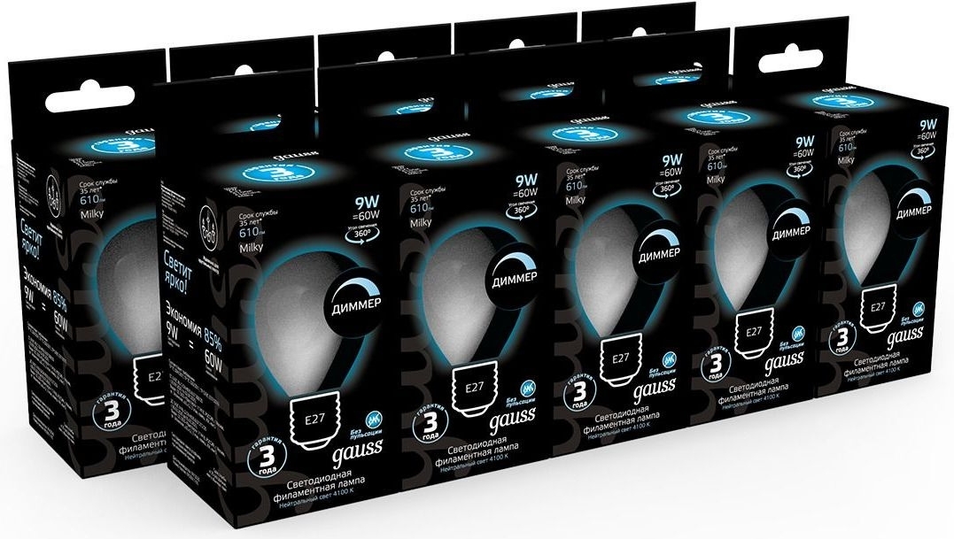 Лампа светодиодная Gauss Filament 105202209-D 9Вт цок.: E27 шар 220B 4100K св. свеч. белый нейт. (упак.: 10 шт)