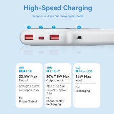 Портативный аккумулятор Vention 10000mAh(M/C-A/A)22.5W белый с LED Дисплеем