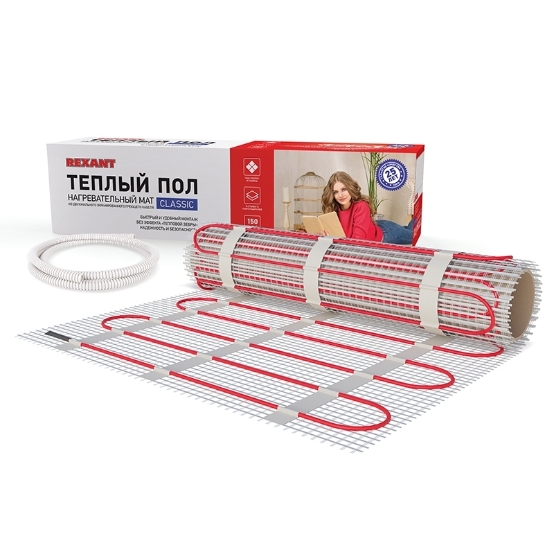 Теплый пол (нагревательный мат) Rexant Classic RNX -2,0-300 (площадь 2,0 м2 (0,5 х 4,0 м)),300 Вт, двухжильный с экраном